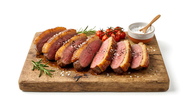 Sliced Picanha Steak with Sea Salt on a Wooden Board Isolated on White
