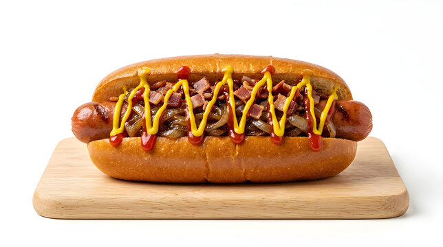 Gourmet Hot Dog with Bacon Caramelized Onions and Sauces Isolated on White