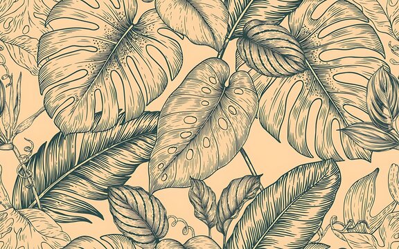 Tropical jungle leaves seamless pattern in vintage engraved style