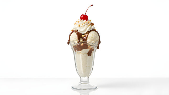 Classic Vanilla Ice Cream Sundae with Hot Fudge and Cherry Isolated on White