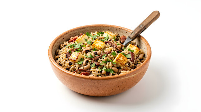 Traditional Brazilian Baiao de Dois with Rice Beans and Coalho Cheese Isolated