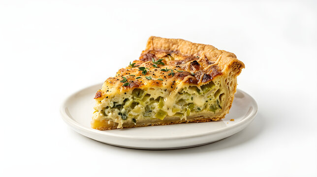 Slice of Homemade Leek and Cheese Quiche Isolated on White Background
