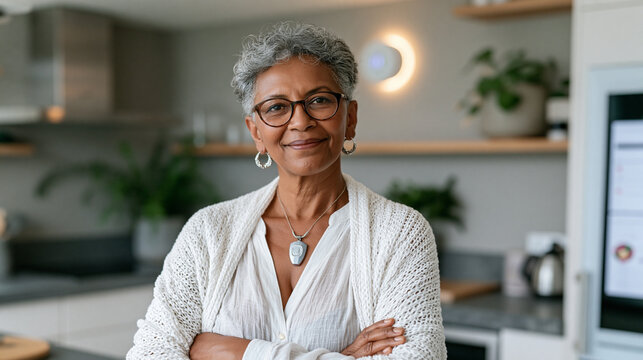 Adult care recipient in kitchen wearing medical alert pendant as home automation hub glows on wall, controlling lighting by voice command, smart refrigerator with nutritional app open, aging in plac