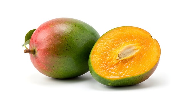 Fresh Ripe Mango Whole and Cut in Half Isolated on White Background