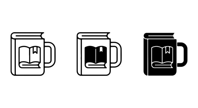 Book Mug Icons Set, Reading Coffee Cup Vector Graphics, Literature Drinkware Symbols