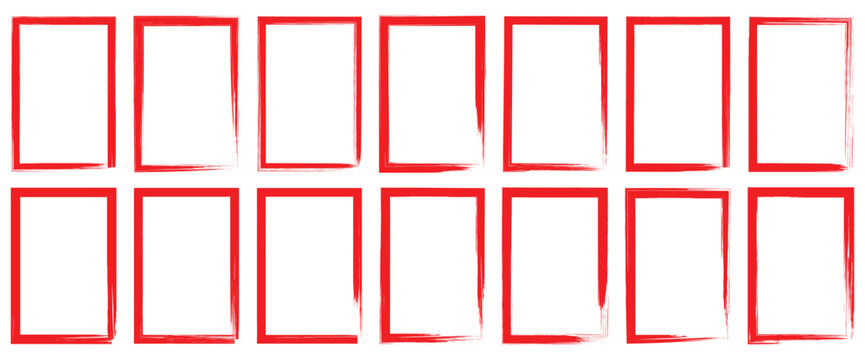 Collection of rectangular frames with a rough, distressed brush stroke texture. Grunge square set. Red grunge textures, rectangular frame. Rectangle shapes. vector Arts. Multicolour shapes.