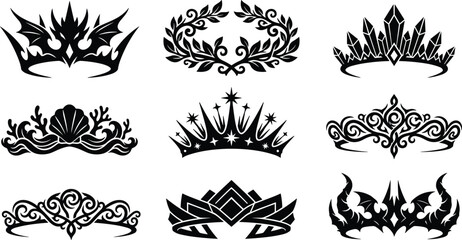 Set of nine ornate fantasy crown and tiara silhouettes for magical, royal, and mythical character design image_06e6a1.png © Mst
