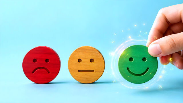 Picking the cheerful face block. Sign of excellent client evaluation.