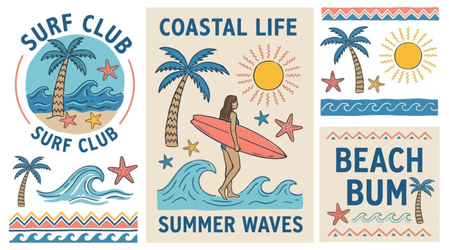 Artistic hand drawn doodle beach surf vector illustration tropical naive coastal set of twenty-two elements featuring palms and waves for summer vacation holiday designs.