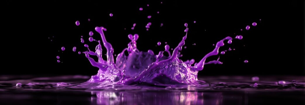 Dynamic purple liquid splash against deep black background with high speed abstract movement droplets background photography splatter artistic creative chemistry reaction experimental