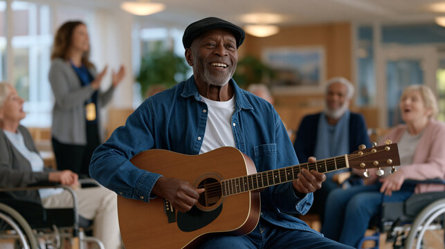 Seventy three year old man with a guitar sits in a semicircle of wheelchair users at a long term care facility, music therapist standing nearby clapping rhythm, several residents mouthing lyrics, on
