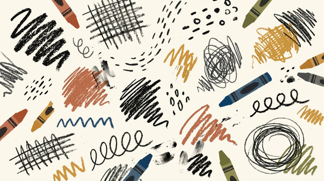 Abstract artistic background featuring hand crayon scribbles messy charcoal pencil strokes textured ink squiggles and expressive graphite marks on paper for creative design projects
