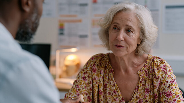 Seventy two year old woman sits in an audiologist office looking at a displayed wall chart of hearing aid models, the specialist pointing to features with a pen, late August light through the office