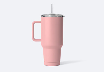 Obraz premium Insulated Stainless Steel Tumbler with Handle and Straw Mockup Isolated on White Background – Reusable Travel Mug for Hot and Cold Drinks