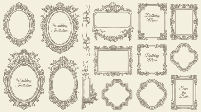 Detailed Hand Drawn Collection of Vintage Baroque Geometric Frame Shape Featuring Oval and Rectangle Border with Ornate Filigree Element for Decorative Graphic Design and Artistic Artwork
