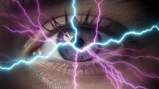 Close Up of Human Eye Illuminated by Vibrant Multicolored Electric Lightning Creating Striking Visual Effects