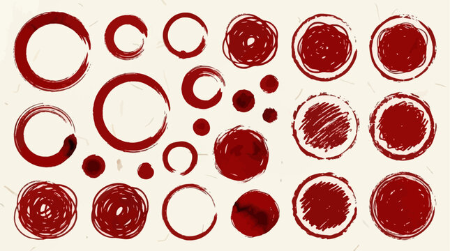 Collection of red grunge brush circles and dots in Japanese ink style. Artistic round painted elements with weathered texture and splatter vector.