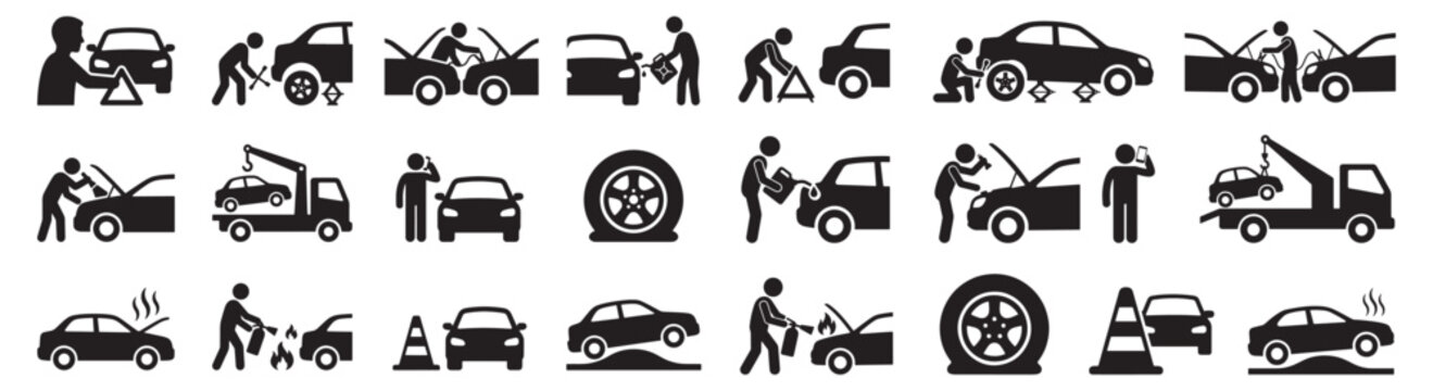 Car Roadside Assistance and Breakdown Silhouette Icons Set for Towing, Flat Tire, Fueling and Emergency Situations 