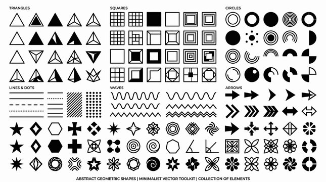 Set of minimalist black and white geometric vector shapes and design elements.