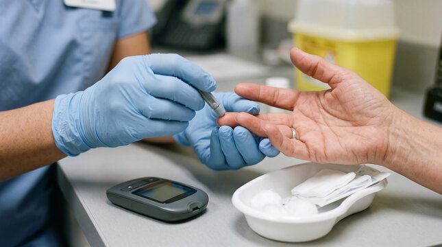 Medical professional using a small lancet to prick a patient finger for blood glucose testing
