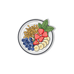 top view illustration of a healthy breakfast bowl with granola yogurt blueberries strawberries and bananas on white background © roberto art