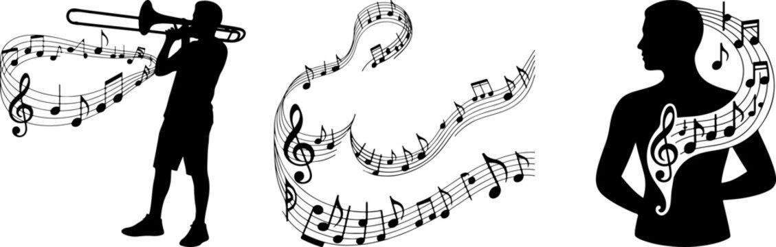 Musician silhouette playing trombone with wavy musical notes and staff abstract vector elements