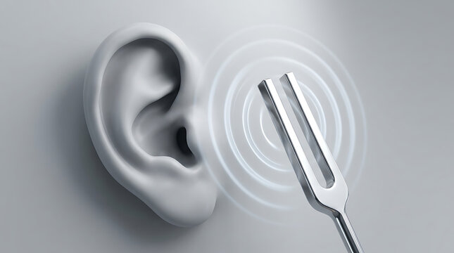 Tuning fork emitting sound waves next to human ear for hearing test audiology concept