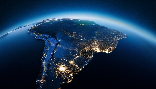 earth view from space showing south america at night with city lights illuminating the continent aerial perspective