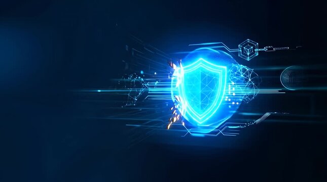 Futuristic Digital Shield Hologram Assembling in Dark Environment