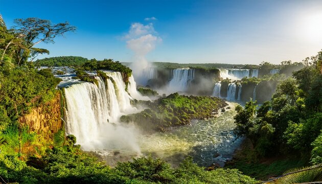panoramic scenic view of iguazu falls with mist and lush green tropical forest on a sunny day misiones province argentina