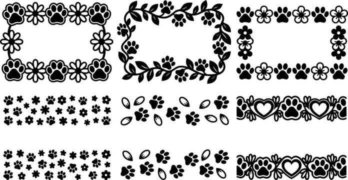 Black and white paw prints and floral rectangular frames and borders set