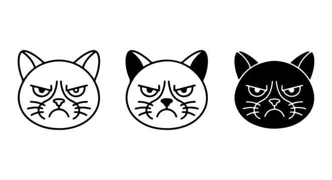 Grumpy Cat Faces Vector Icons, Black and White Feline Expressions, Minimalist Pet Emotion Graphics