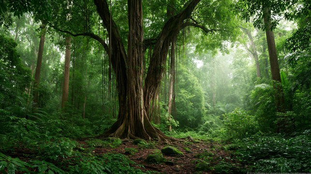 Sunlight filters through tall trees in a dense forest creating a peaceful green atmosphere