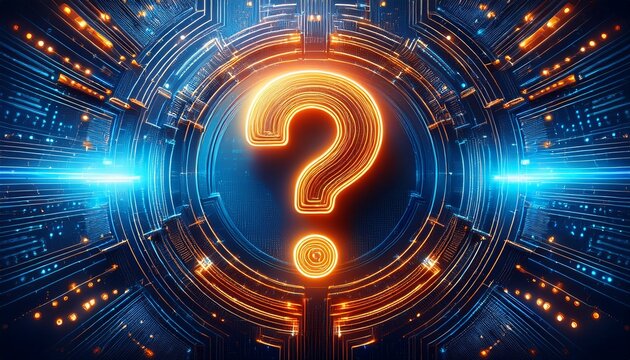 glowing orange question mark hovers over dark digital background with blue and orange lights concept for tech uncertainty digital problem solving and seeking information