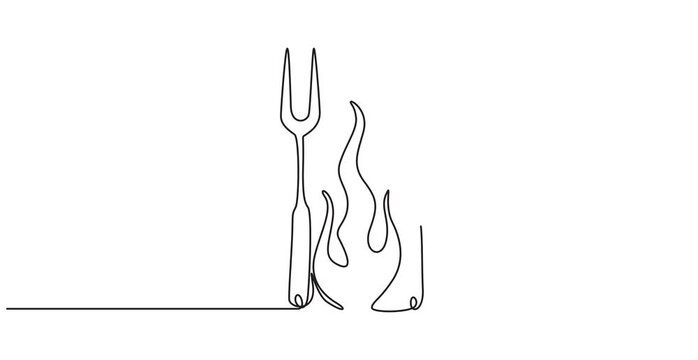 Animated self drawing of  Continuous one line drawing of a bbq fork and spatula. Barbeque fork and spatula isolated on a white background. Video, Kitchen utensils one line colored continuous drawing. 
