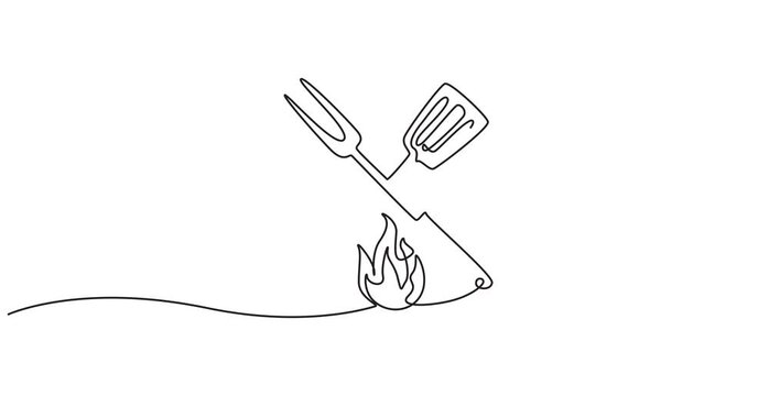 Animated self drawing of  Continuous one line drawing of a bbq fork and spatula. Barbeque fork and spatula isolated on a white background. Video, Kitchen utensils one line colored continuous drawing. 