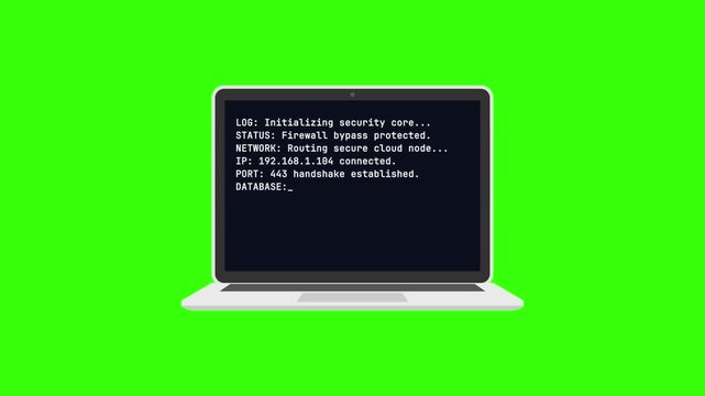 Cyber security laptop data terminal logging script animation overlay