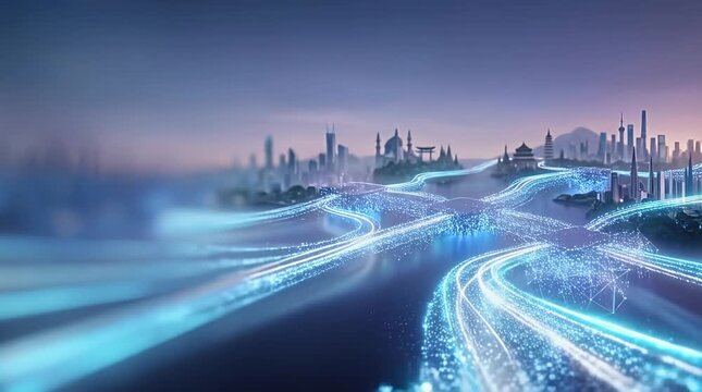 Futuristic Cityscape with Glowing Holographic Structures and Light Trails