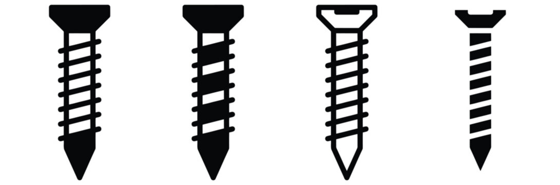 Screw icon vector set. Metallic wood screws linear, solid, and silhouette style symbol. Construction hardware fastener, industrial bolt, and carpentry repair tool icon for web and app UI.