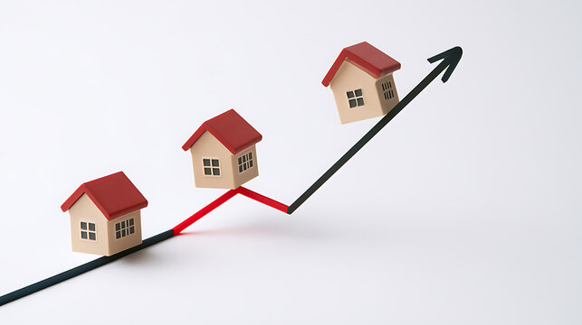 Miniature house models on an upward trending arrow chart, conceptual image representing growth and fluctuation in the real estate market or housing prices