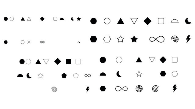 Assortment of basic geometric shapes and symbols including circles triangles squares moons stars and infinity signs on transparent background vector.