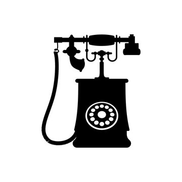 Retro phone with receiver on wires isolated monochrome silhouette. Vector vintage telephone with dial