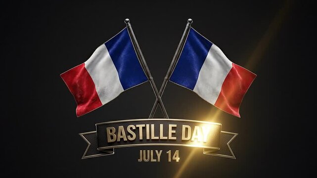 Bastille Day July 14 Celebration Video with Crossed French Flags and Golden Light Sweep