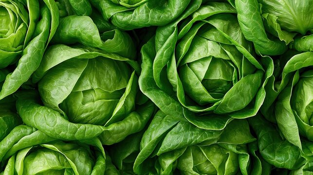 Close-up overhead view of fresh, vibrant green butter lettuce heads ready for harvest