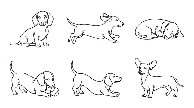 Dachshund continuous line art vector set featuring playful badger dog puppy characters in sitting sleeping and running poses