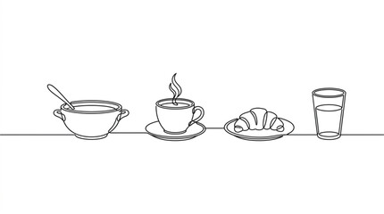 Obraz premium Minimalist dining table setting line art vector set with modern continuous line drawing of soup bowl coffee cup and breakfast food for restaurant menu