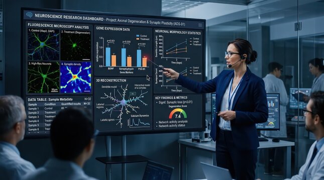 Neuroscience researcher presenting axonal degeneration and synaptic plasticity findings.