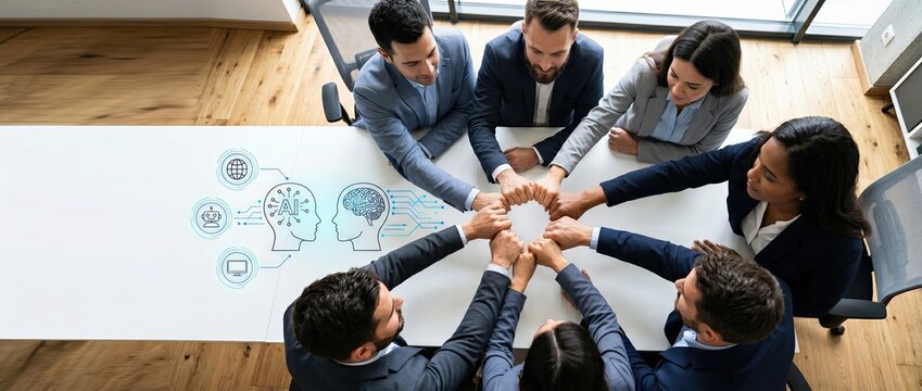 Diverse business team collaborating in a modern office space engaging in a creative brainstorming session with ideas and technology visualizations on a table