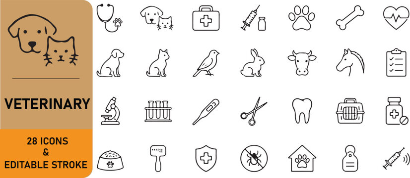 A set of 28 veterinary line icons
