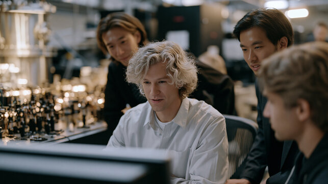 A quantum key distribution research team celebrates a successful fiber transmission milestone in a photonics laboratory as optical benches and cryogenic cooling units hum steadily and graduate assis